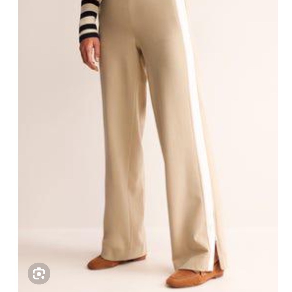 Boden Cream Wide Leg Trousers White Side Stripe Ankle Zip US 6R